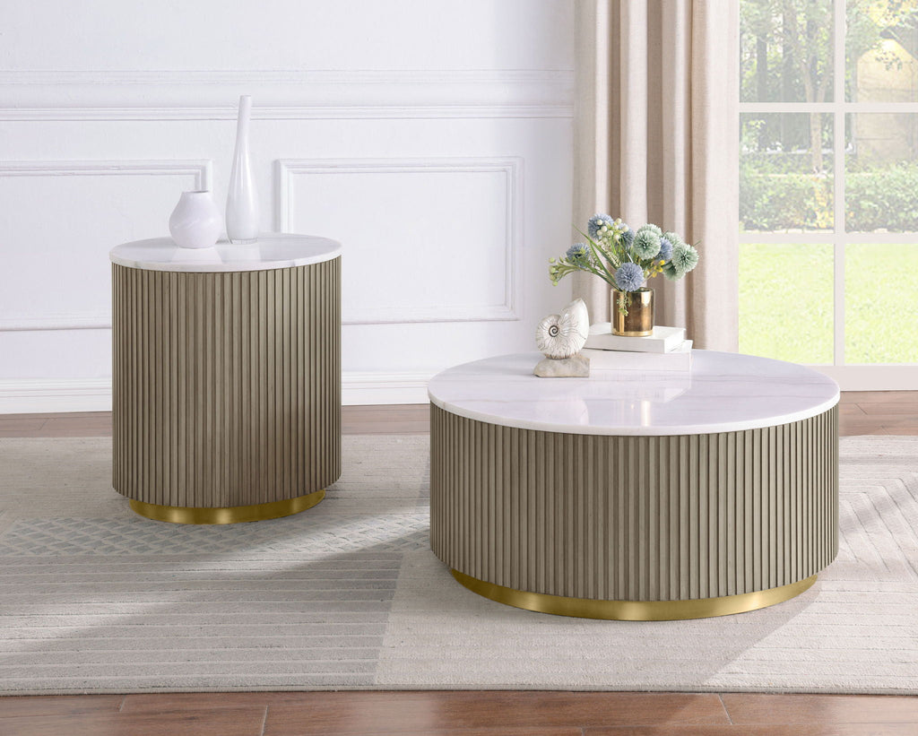 Jason Round White Marble Top Side End Table Greige