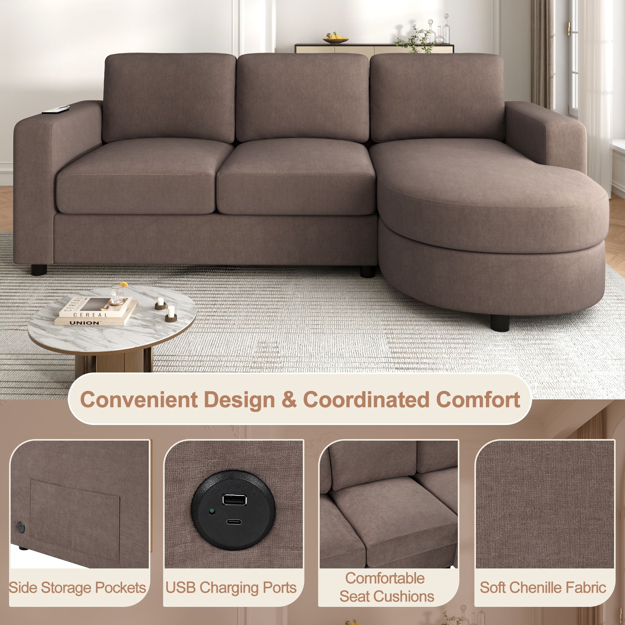 Modern L-Shaped Sectional Sofa With Curved Chaise, USB Ports, And Side Storage Pockets