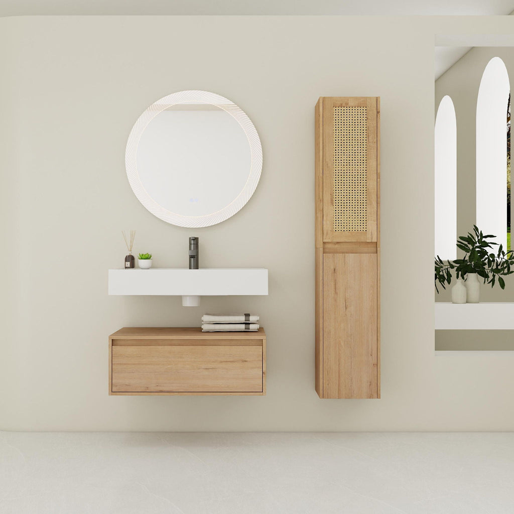 Contemporary Wall Mounted Bathroom Vanity With Resin Sink And 2 Side Cabinet - Imitative Oak
