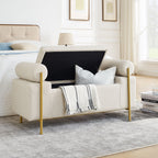 Elegant Upholstered Storage Bench With Cylindrical Arms And Iron Legs,