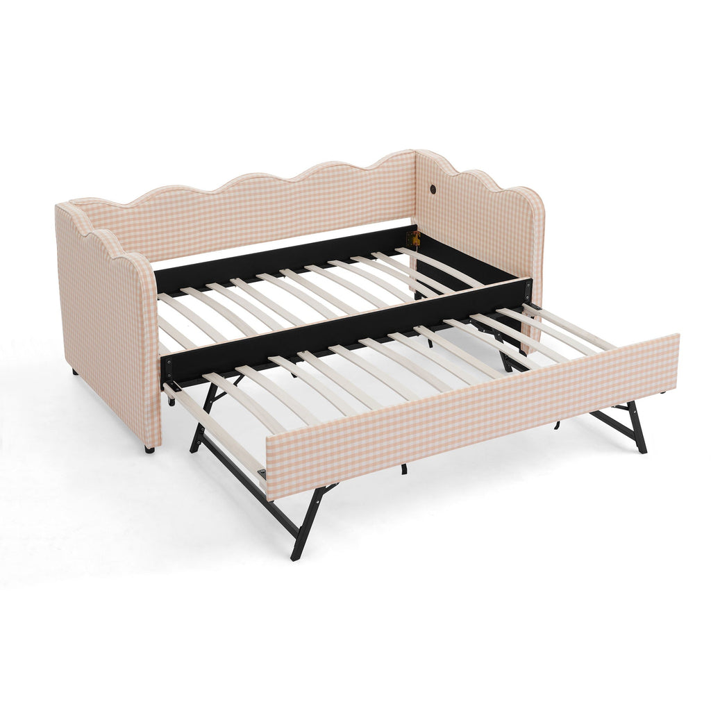Gingham Daybed With USB Charging Port, Wave Shaped Design