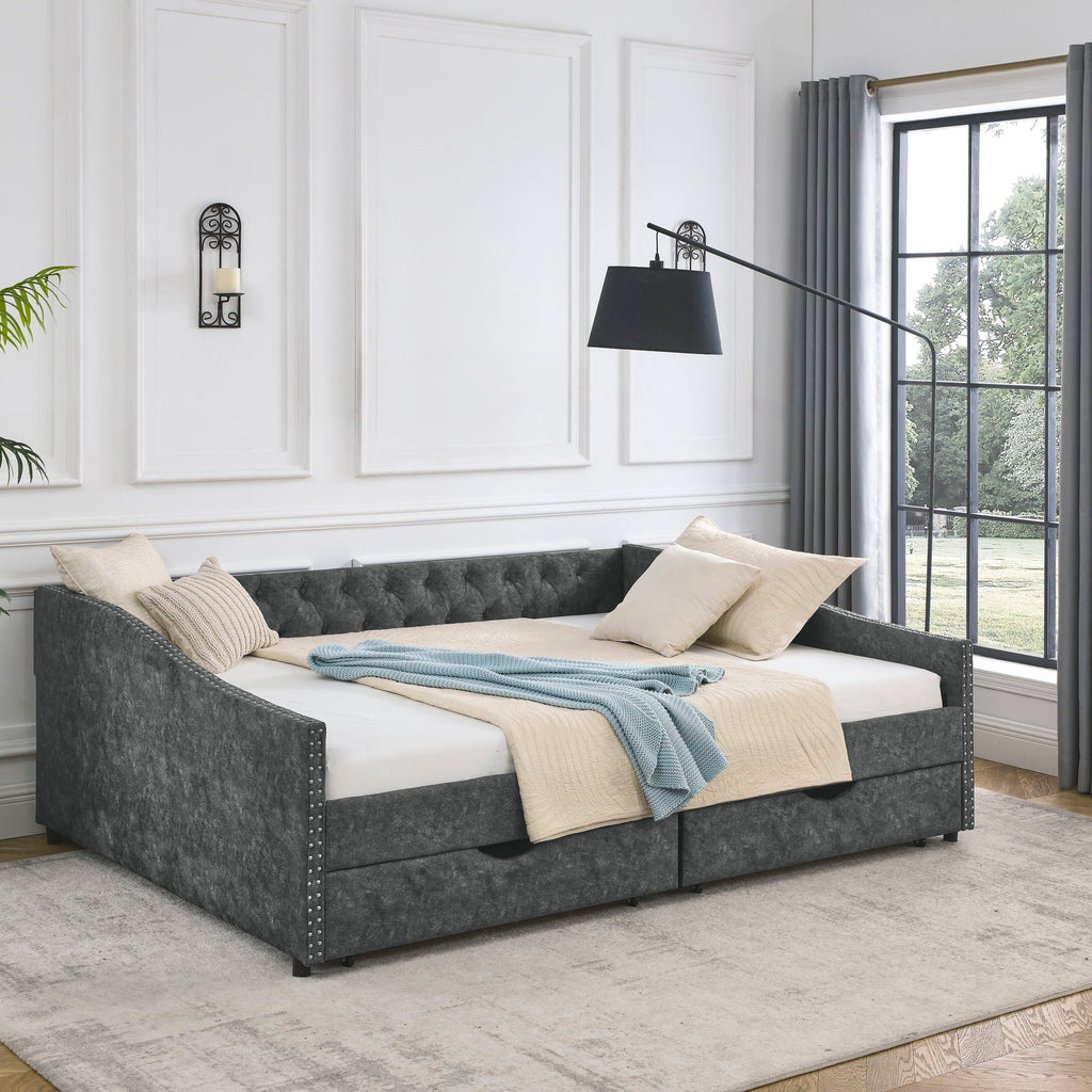 Upholstered Tufted Daybed With 2 Drawers, Waved Arms