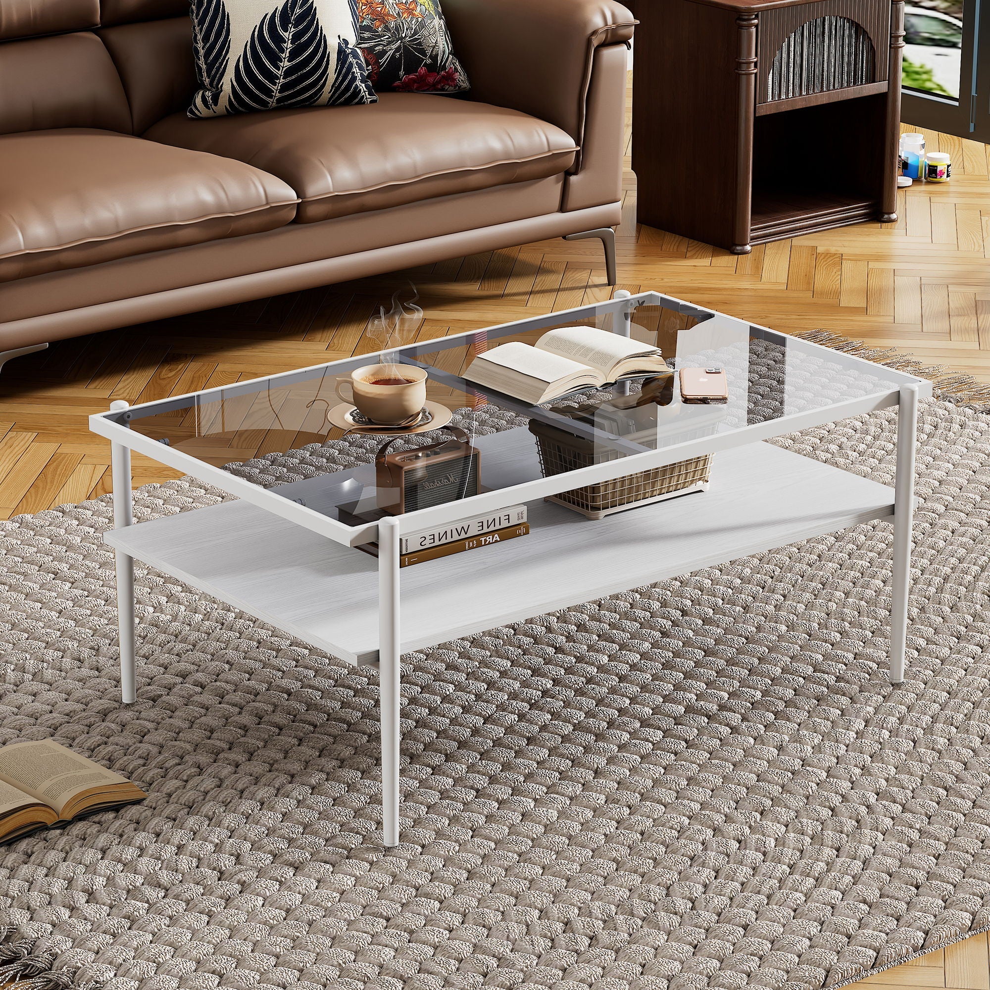 Rectangle Coffee Table With Tempered Glass Top And Legs, Modern Table For Living Room