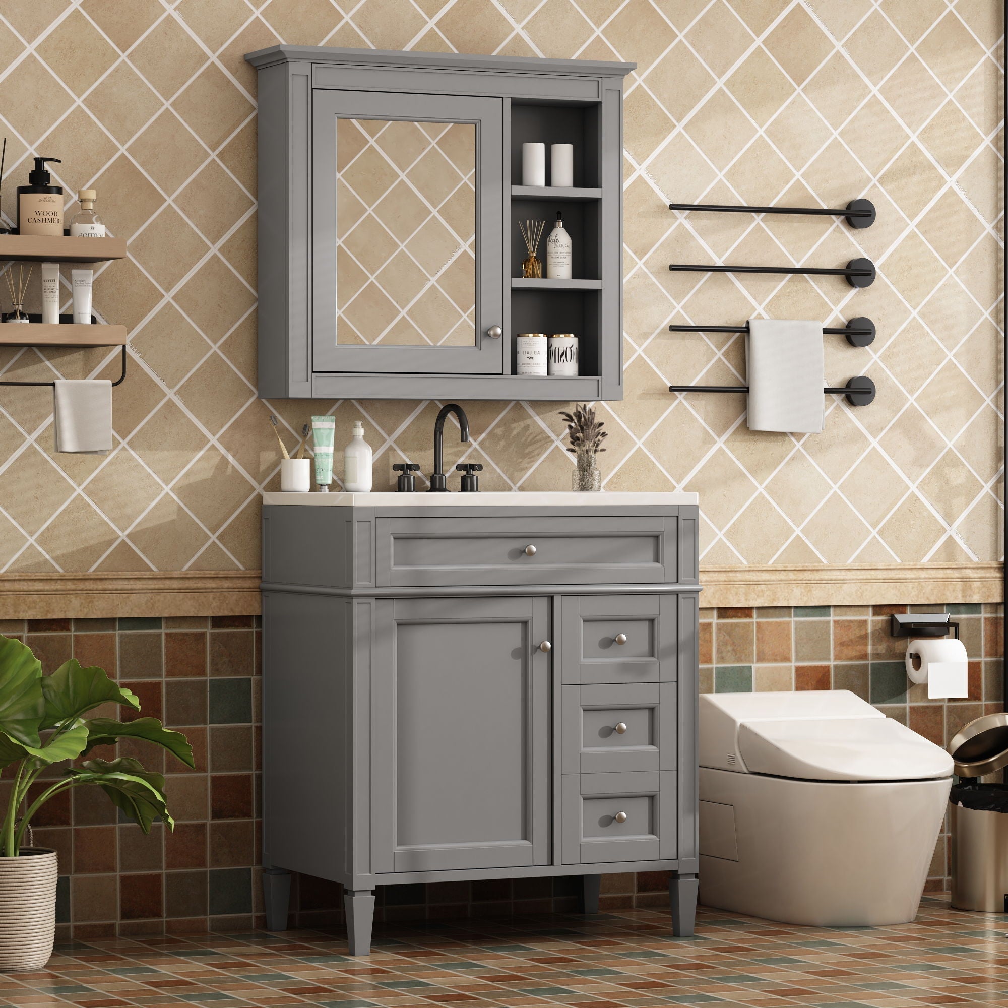 Bathroom Vanity With Top Sink, Freestanding Storage Cabinet With 2 Doors And 3 Drawers, Mirror Cabinet Included - Gray