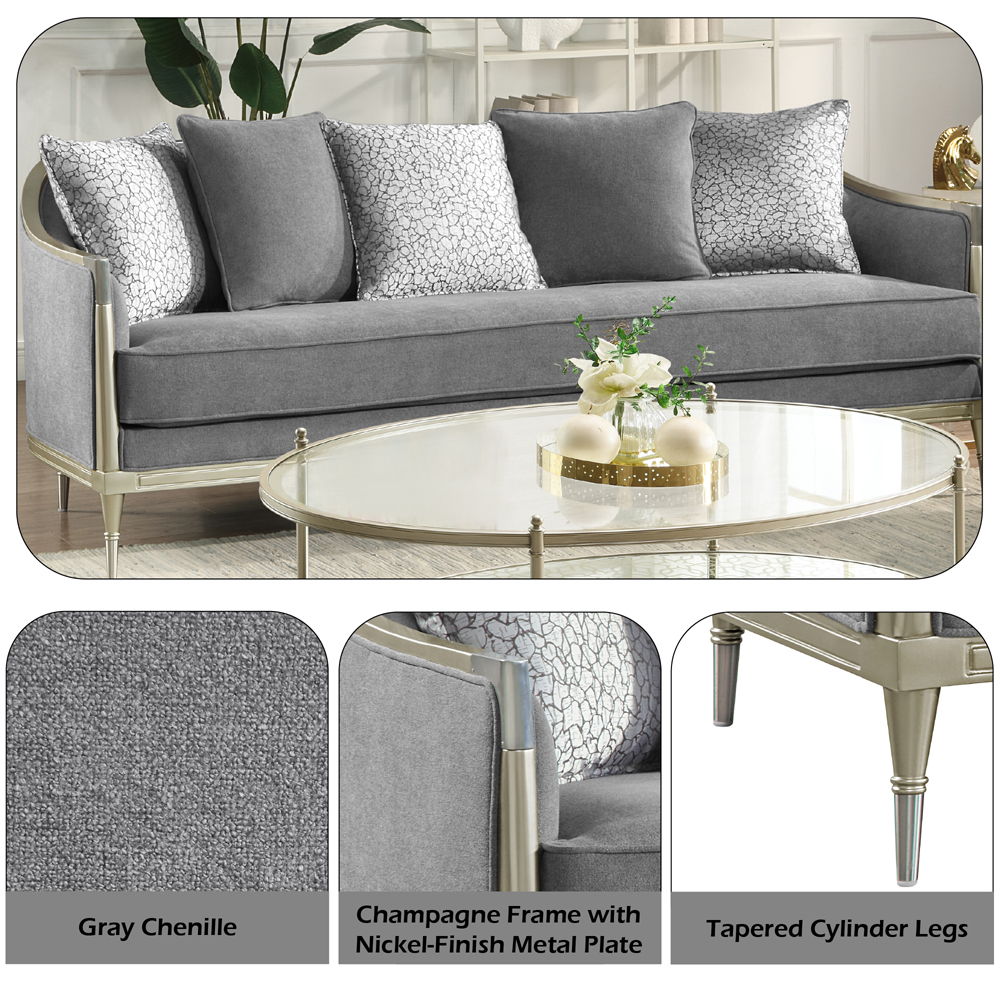 Fernando - Sofa With 5 Pillows - Gray Chenille & Champagne