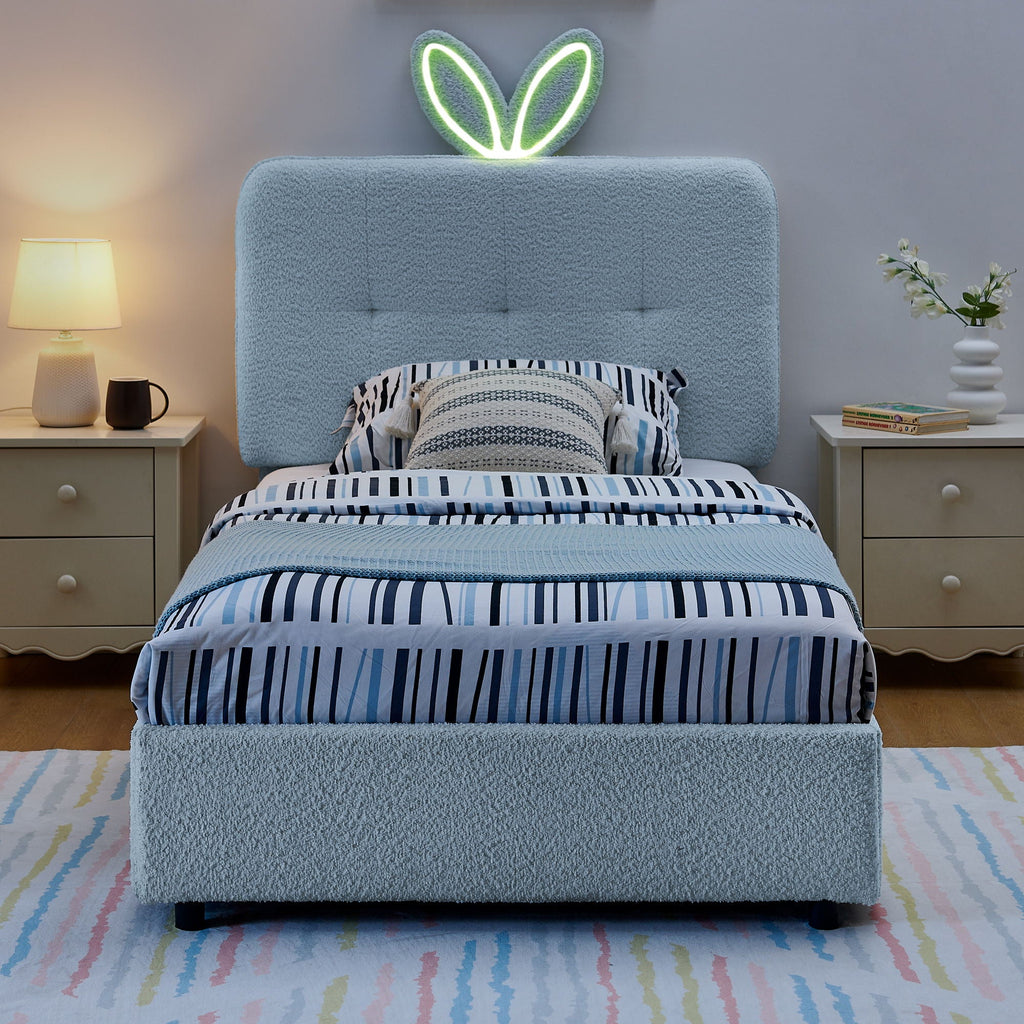 Upholstered Bed With Oversized Rabbit Ear Headboard, LED Lights & 4 Storage Drawers