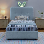 Upholstered Bed With Oversized Rabbit Ear Headboard, LED Lights & 4 Storage Drawers