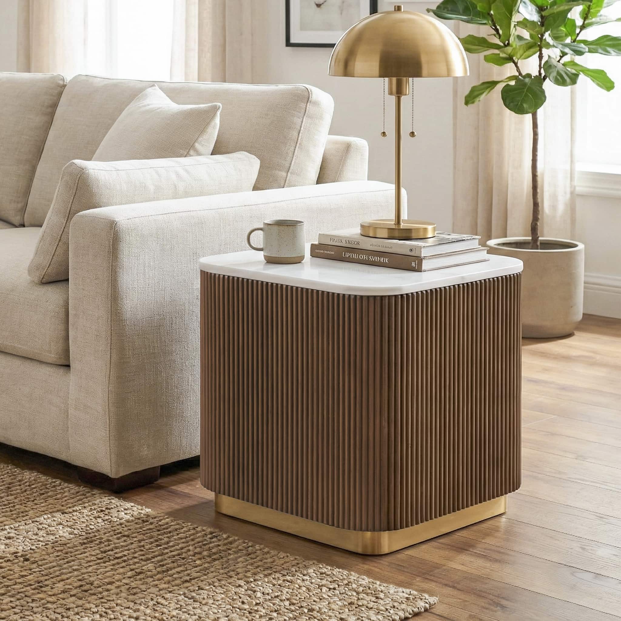 3 Piece Table Set, Square Cocktail Table & 2 Square End Tables - Brown / Gold / White