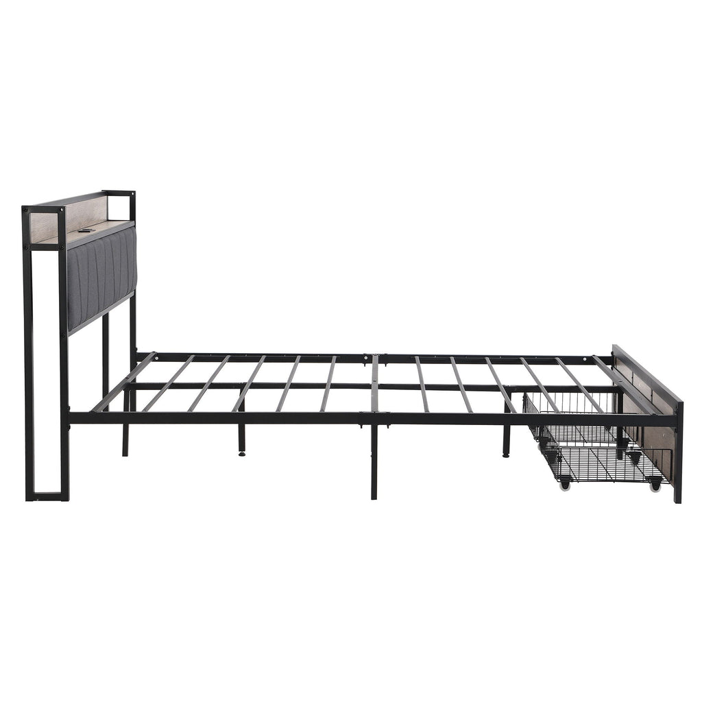 Modern Bed Frame With LED Lights, Upholstered Headboard, USB Charging