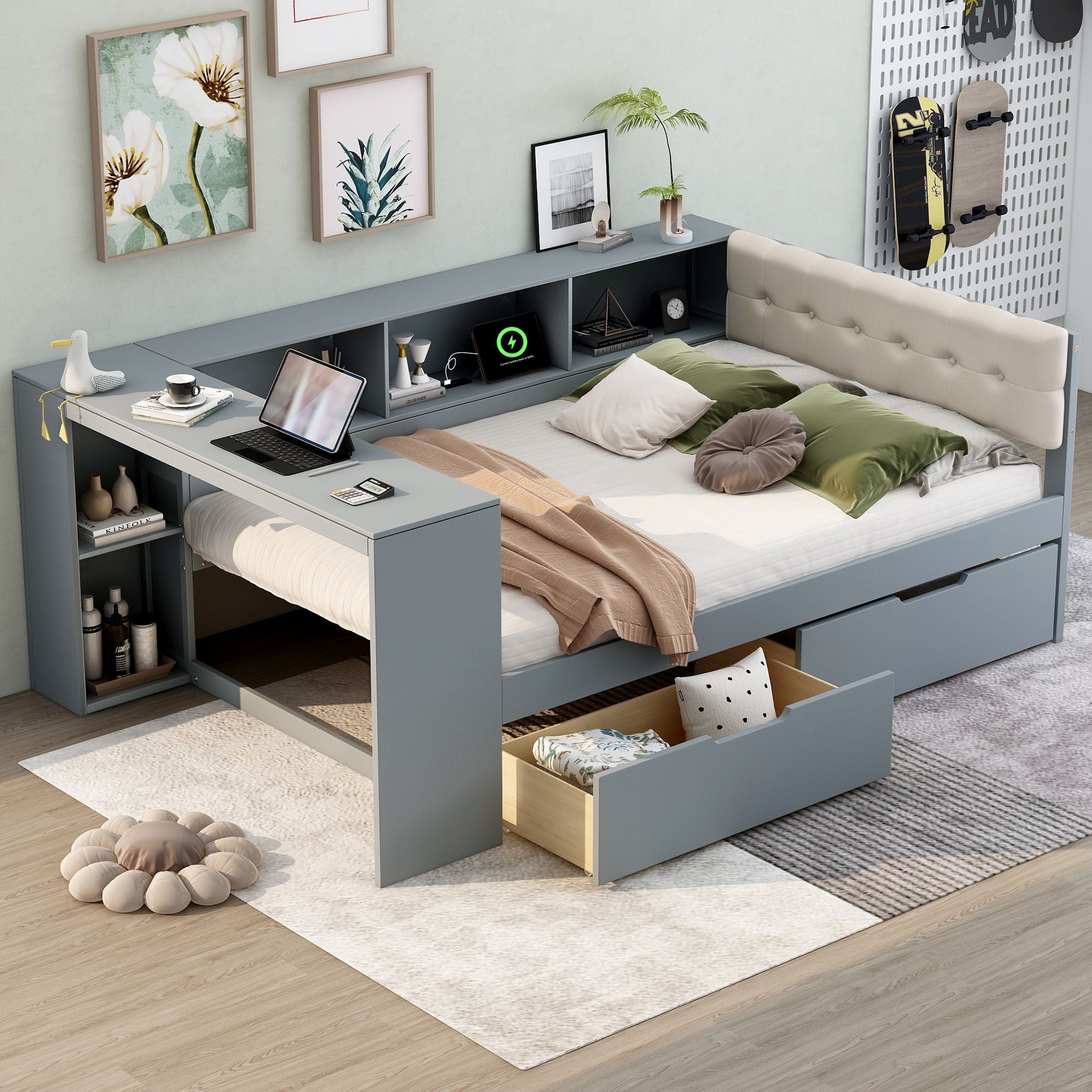 Upholstered Headboard Platform Bed With Storage Shelves, Drawers, Charging Station