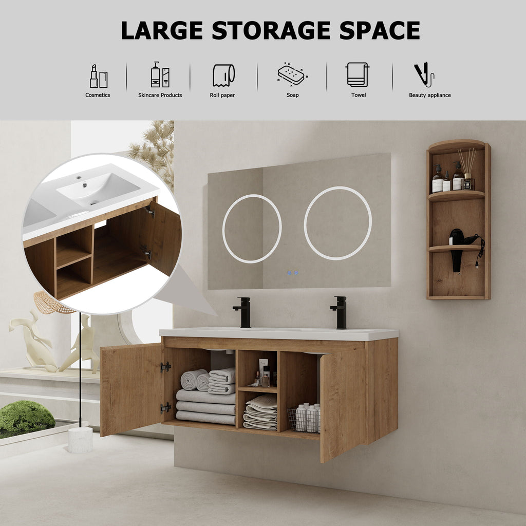 48" Wall Mounted Bathroom Vanity With Double Resin Sink And Storage Rack Soft Close Doors Plywood Construction - Imitative Oak
