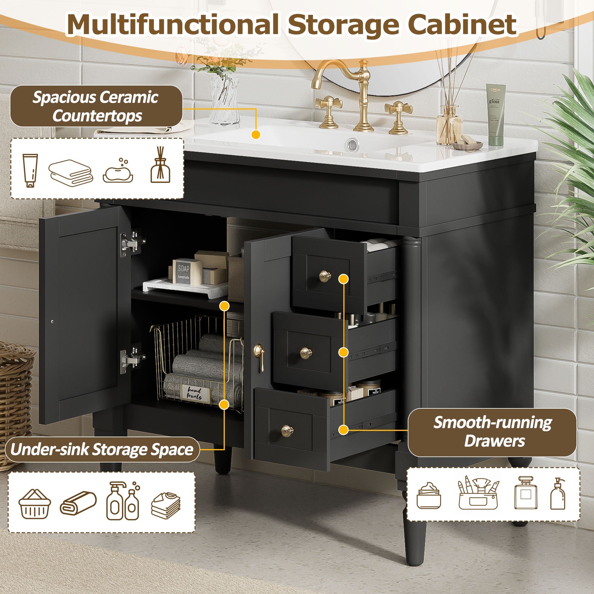 Bathroom Vanity With Ceramic Sink, 2 Doors 3 Drawers, Soft Close Design