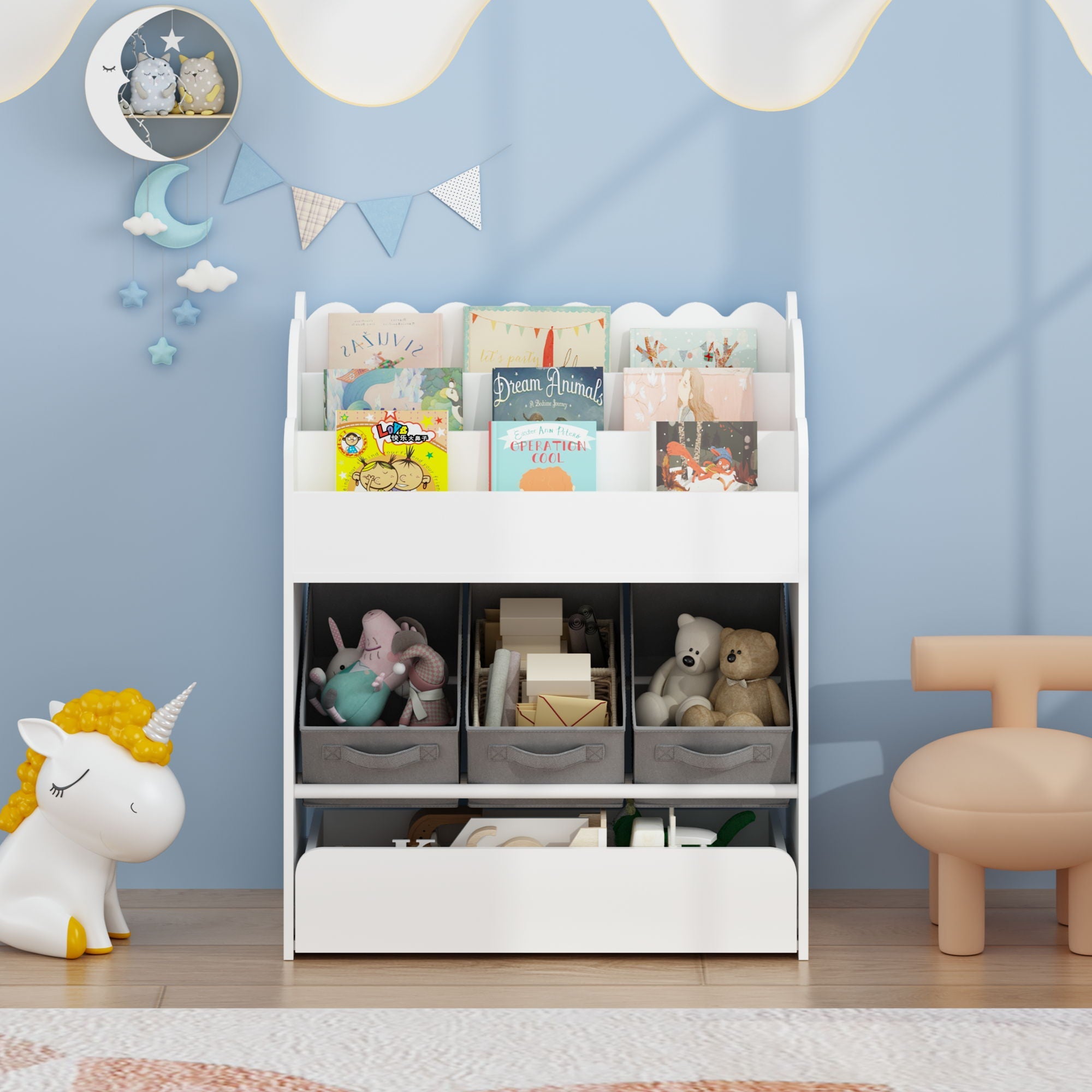 Bookshelf With Storage Bins And Drawer, Multi Functional Book Organizer For Toddlers - White