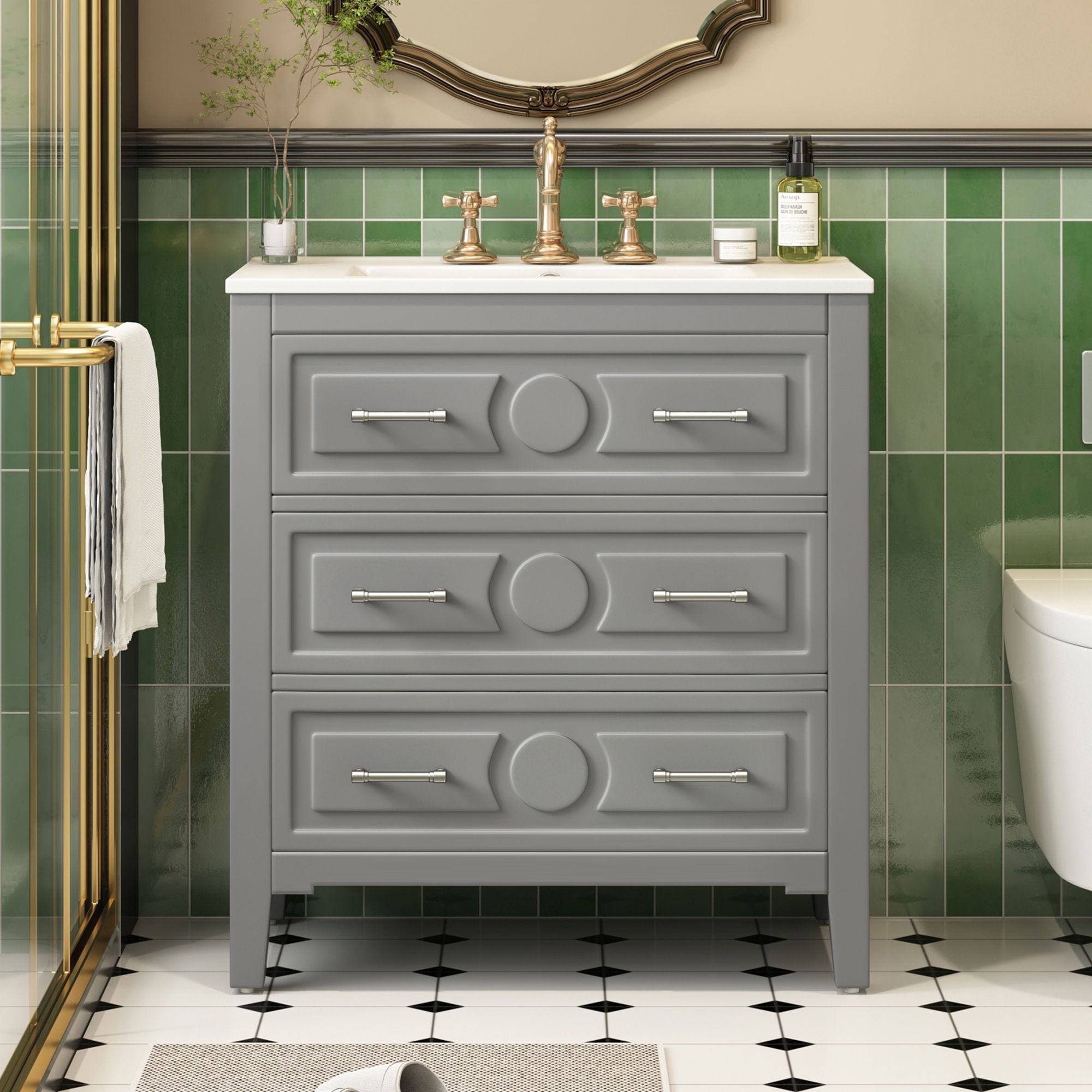 Retro Bathroom Vanity With Sink Combo, Free Standing Single Set With 3 Drawers