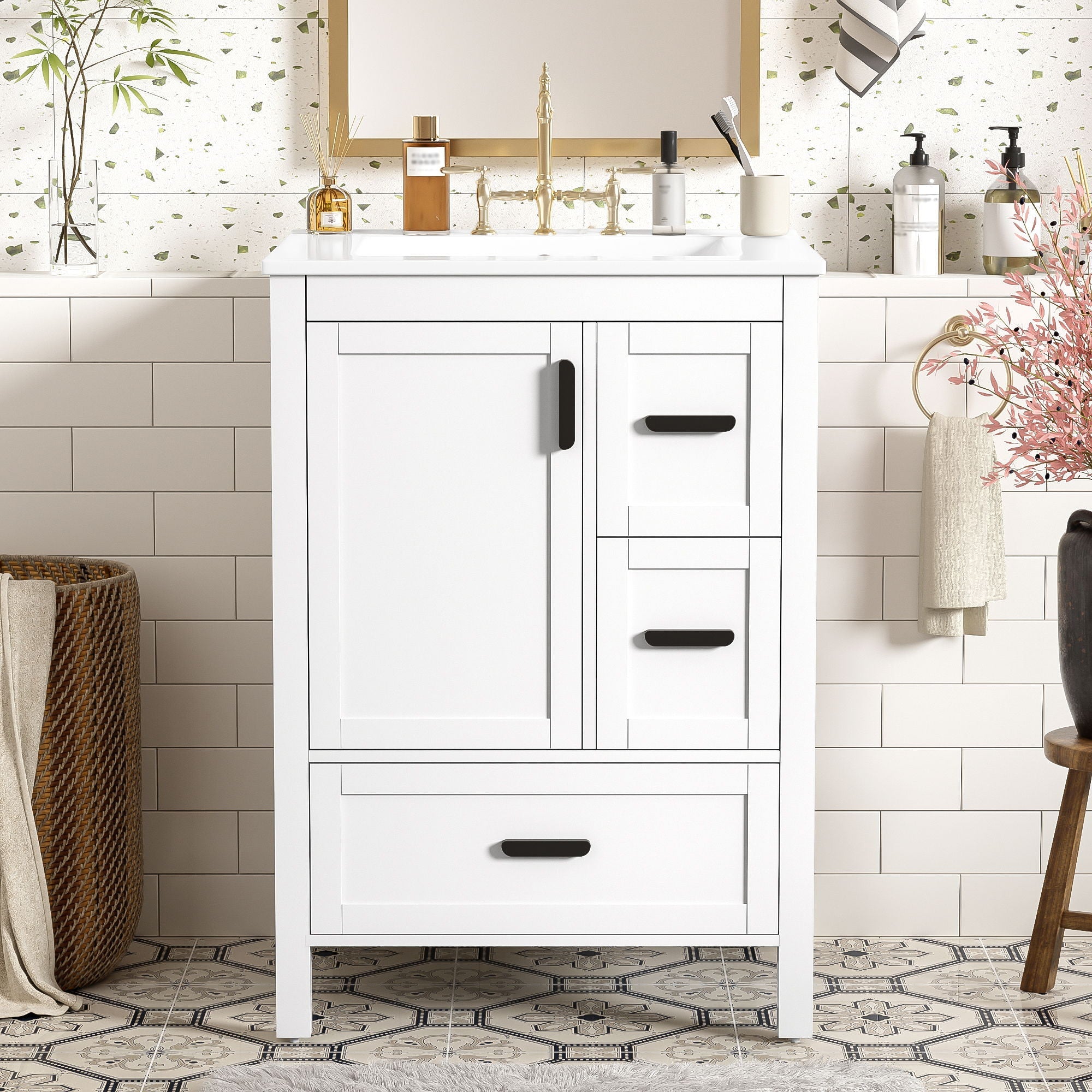 Bathroom Vanity With Sink, Soft-Close Doors, Double-Layer Shelf And 3 Drawers