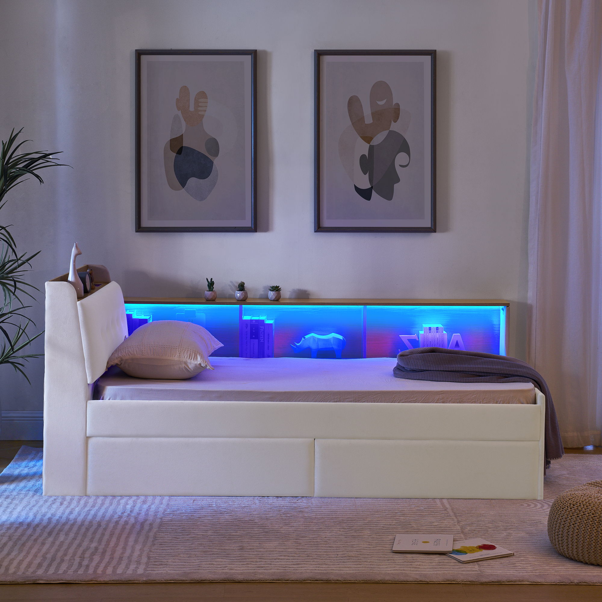 Upholstered Daybed With Storage Headboard, Wireless Charging, LED Lights