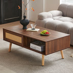 41.34" Rattan Coffee Table, Sliding Door For Storage, Solid Wood Legs, Modern Table For Living Room