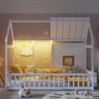 House Floor Bed With 7 Color LED Light, Built In Bookshelf