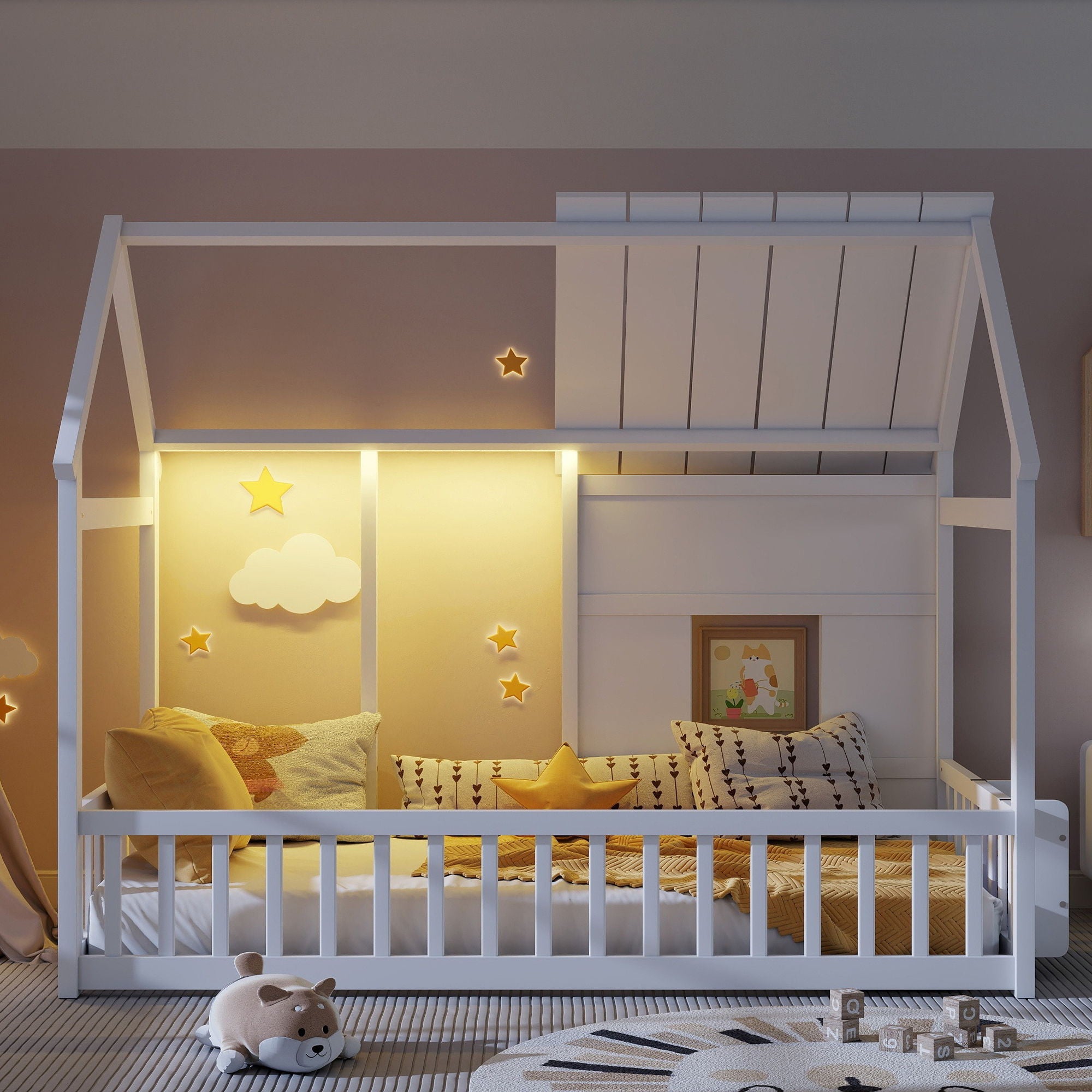 House Floor Bed With 7 Color LED Light, Built In Bookshelf