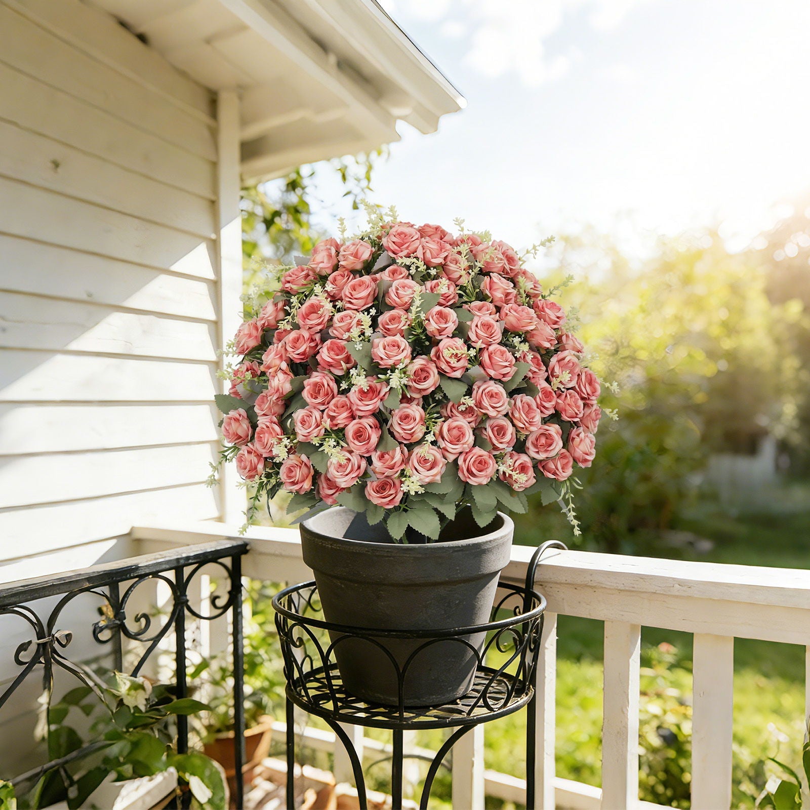Artificial Rose Decoration With UV Resistant Silk Petals, Durable Stems In Cement Pot, Indoor Outdoor Potted Floral Arrangement - Green / Pink