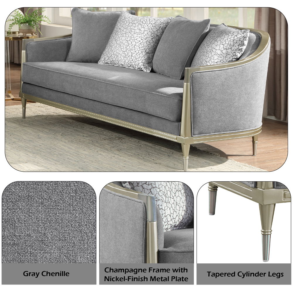 Fernando - Loveseat With 4 Pillows - Gray Chenille & Champagne