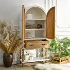 Arched Flower Carved Door Accent Sideboard Cabinet With 1 Drawer And Shelf, Cabinet For Kitchen - Natural / White