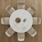 Modern Sintered Stone Dining Table With Round Turntable And Metal Pedestal - White