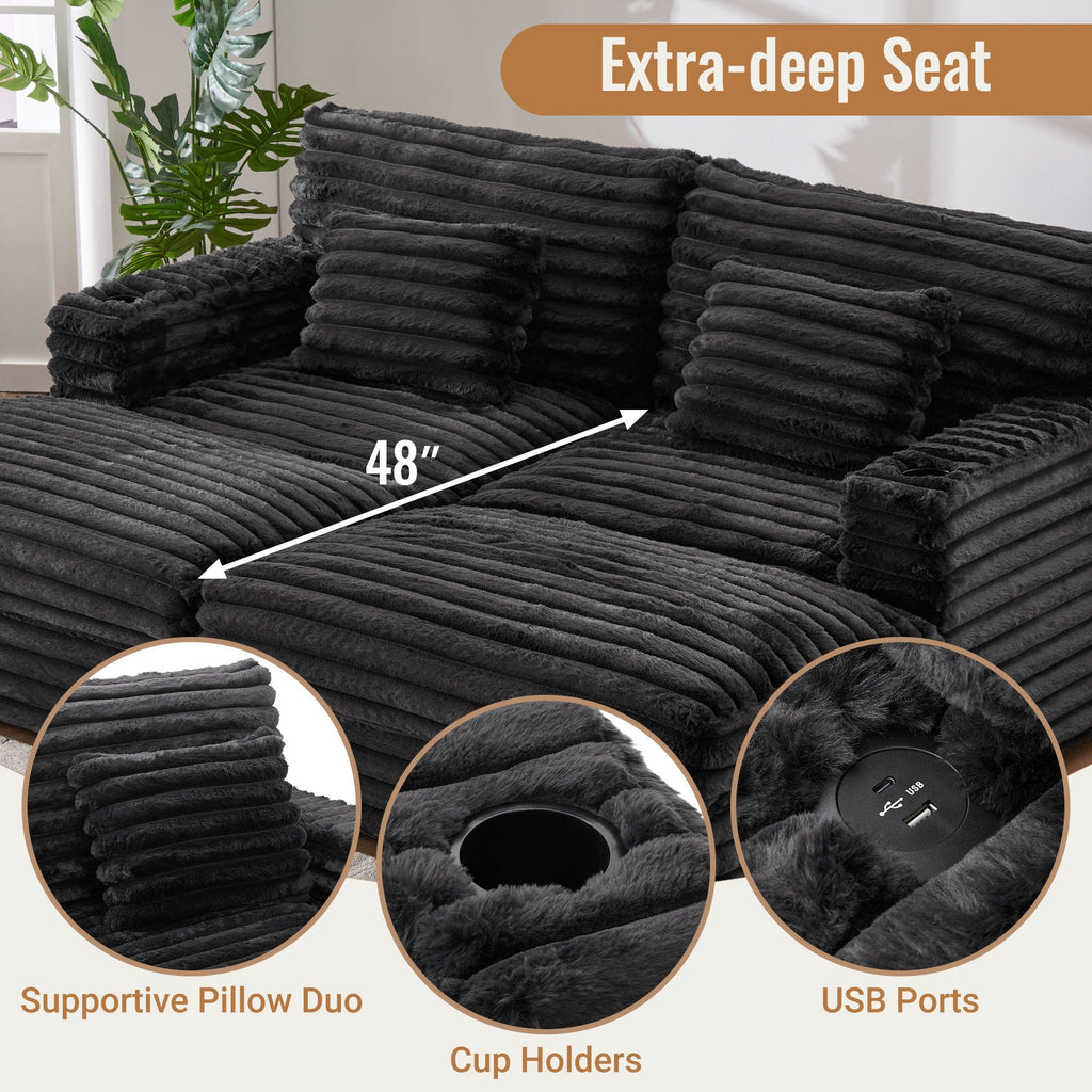 Oversized Double Chaise Lounge Sofa Bed With USB Ports And Cup Holders