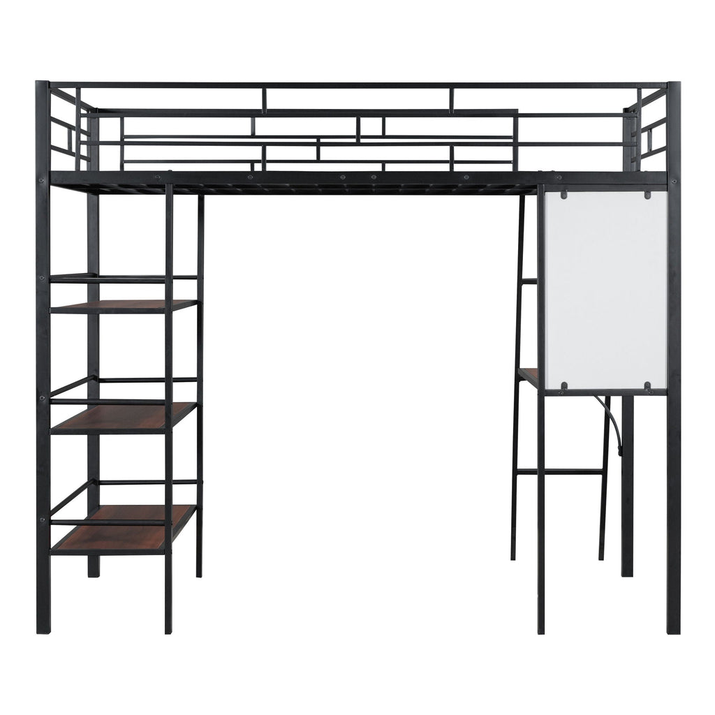 Loft Metal Bed With 3 Layers Of Shelves And Desk, Stylish Metal Frame Bed With board