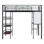 Loft Metal Bed With 3 Layers Of Shelves And Desk, Stylish Metal Frame Bed With board