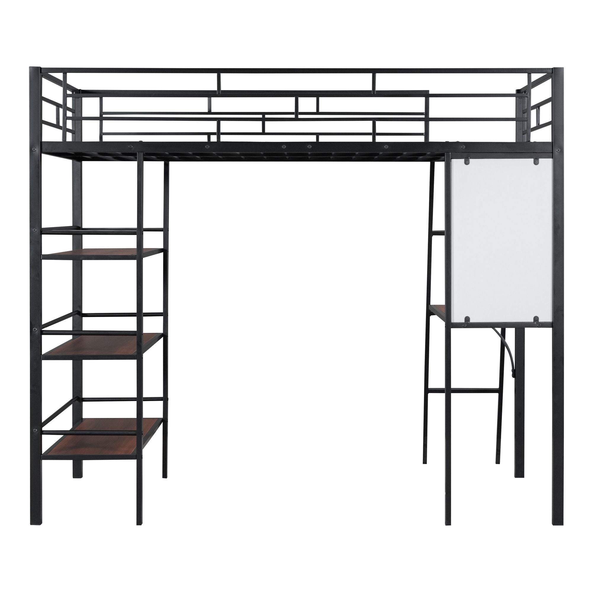 Loft Metal Bed With 3 Layers Of Shelves And Desk, Stylish Metal Frame Bed With board