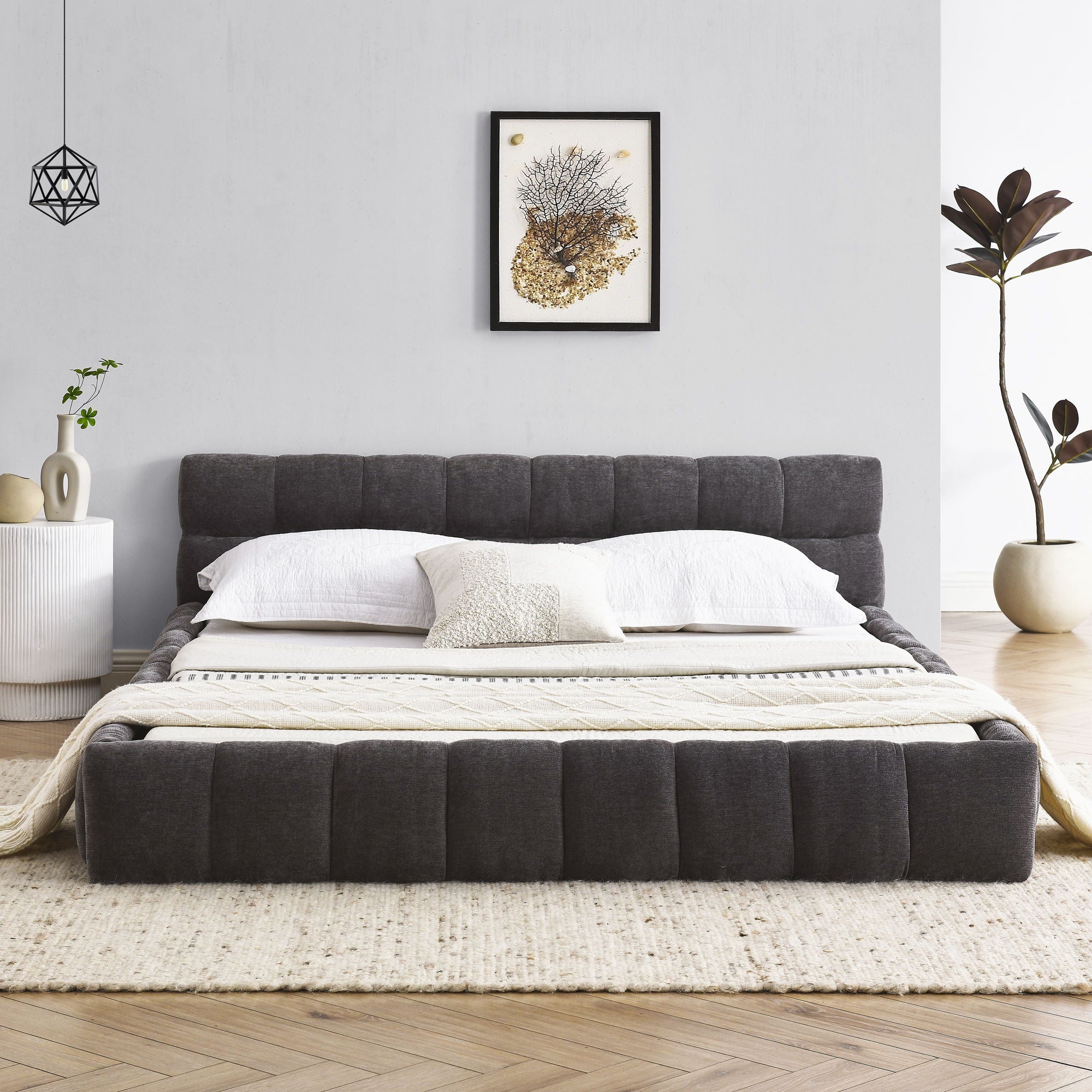Modern Platform Bed Frame With Thick Fabric