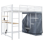 Loft Bed With Desk, Shelves, Power Outlet, LED Light And Wardrobe