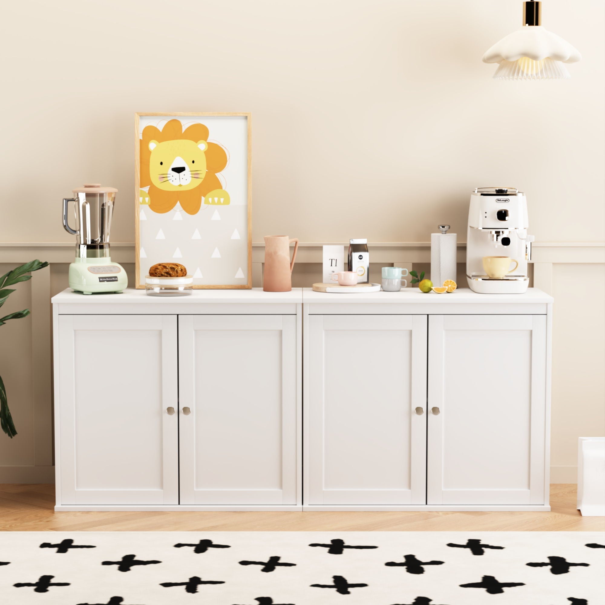 Kitchen Storage Cabinet With Double Doors, Adjustable Shelves, Sideboard Buffet For Dining Room - White