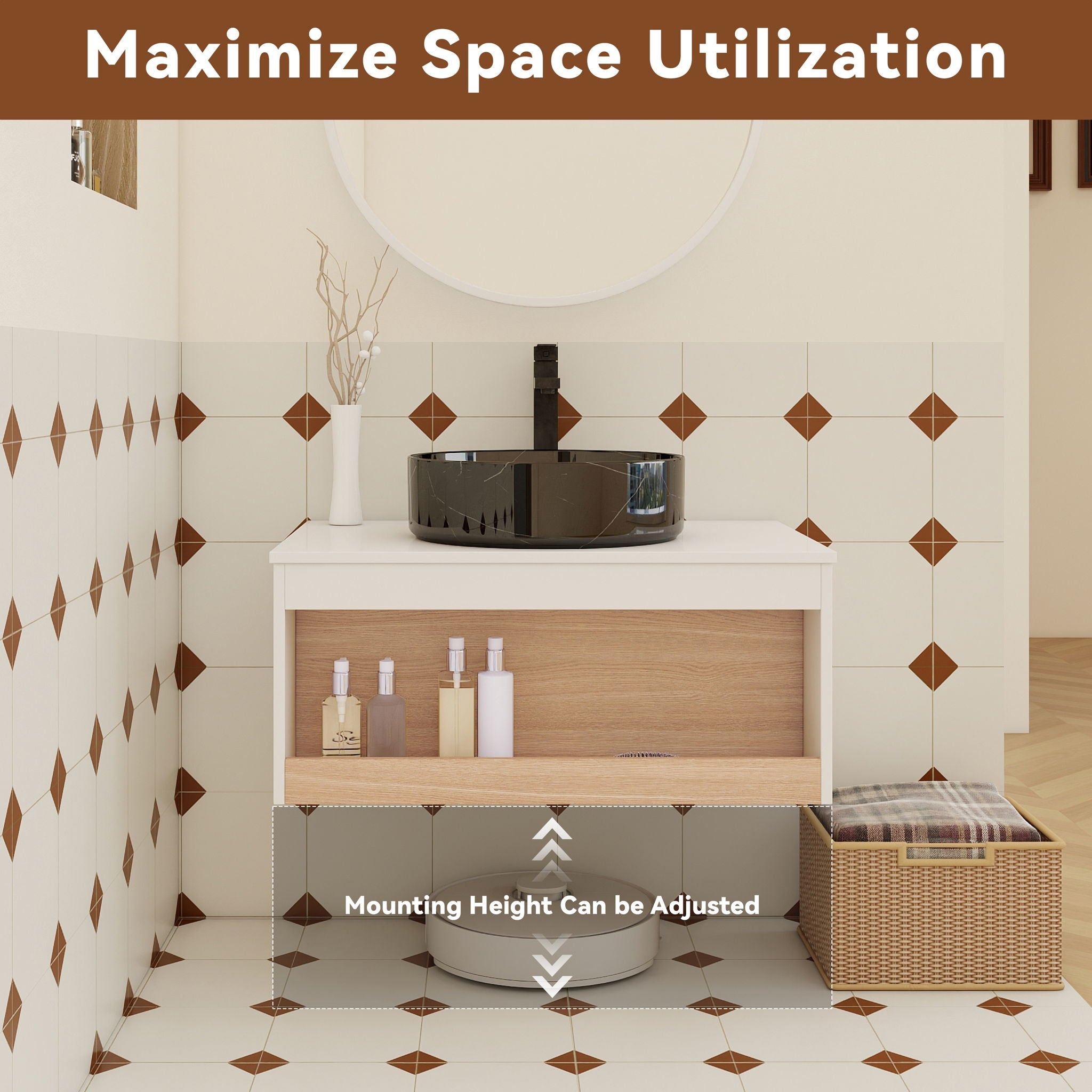 Floating Bathroom Vanity With Vessel Sink With Open Shelf Storage