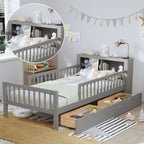 Bed With Headboard Storage Rack, 2 Under Bed Drawers, 3 Side Guardrails For Safety