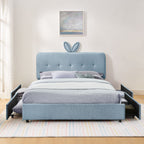 Upholstered Bed With Oversized Rabbit Ear Headboard, LED Lights & 4 Storage Drawers