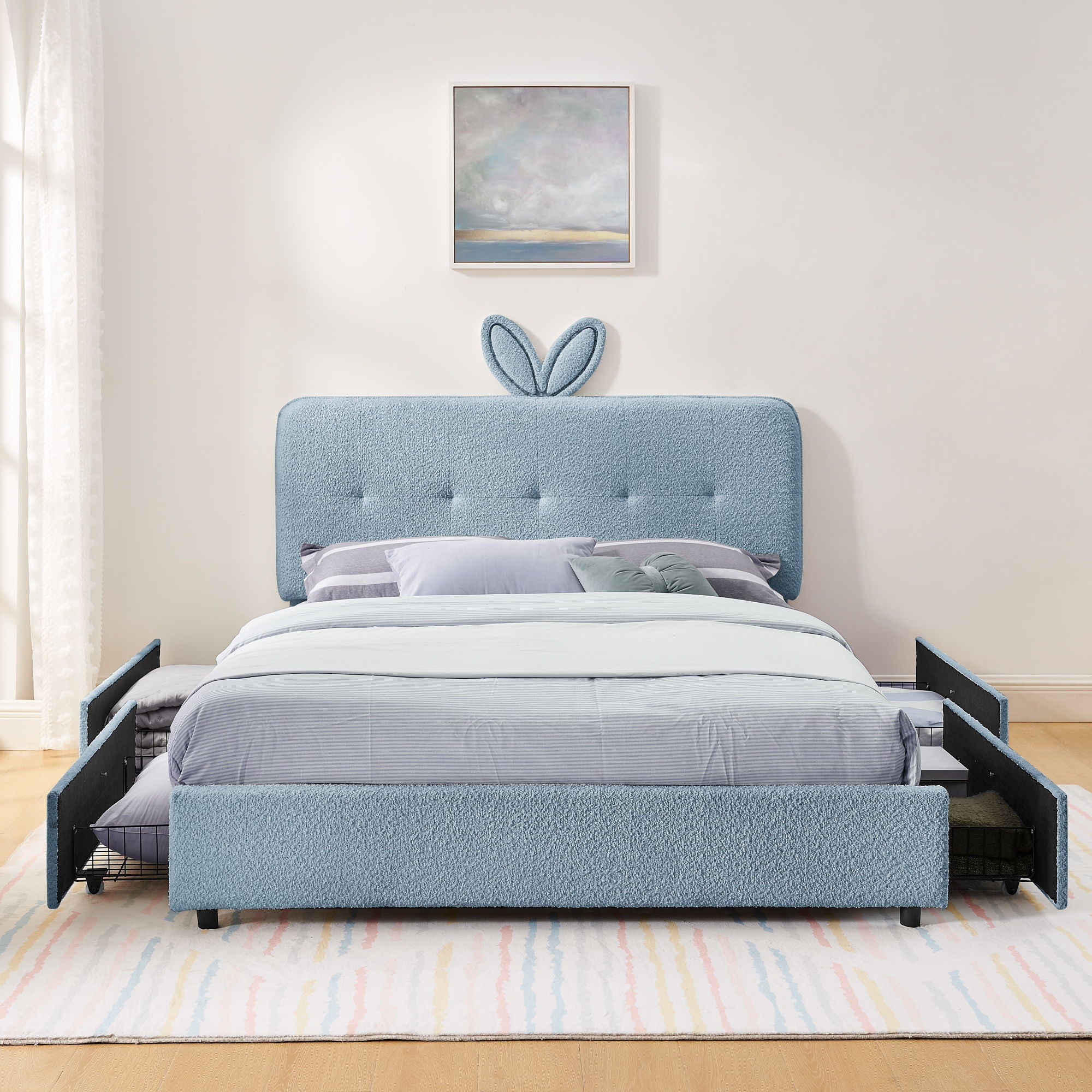 Upholstered Bed With Oversized Rabbit Ear Headboard, LED Lights & 4 Storage Drawers