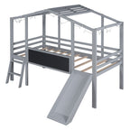 Loft House Bed With Ladder And Slide, With board And Light Strip On The Roof