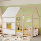 House Floor Bed With 7 Color LED Light, Built In Bookshelf