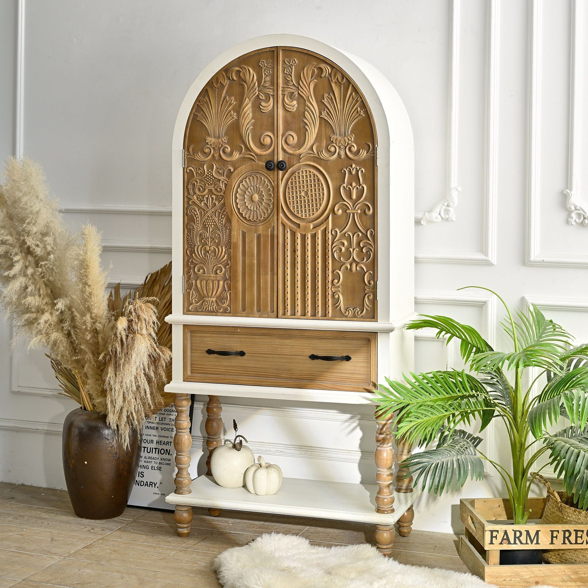 Arched Flower Carved Door Accent Sideboard Cabinet With 1 Drawer And Shelf, Cabinet For Kitchen - Natural / White