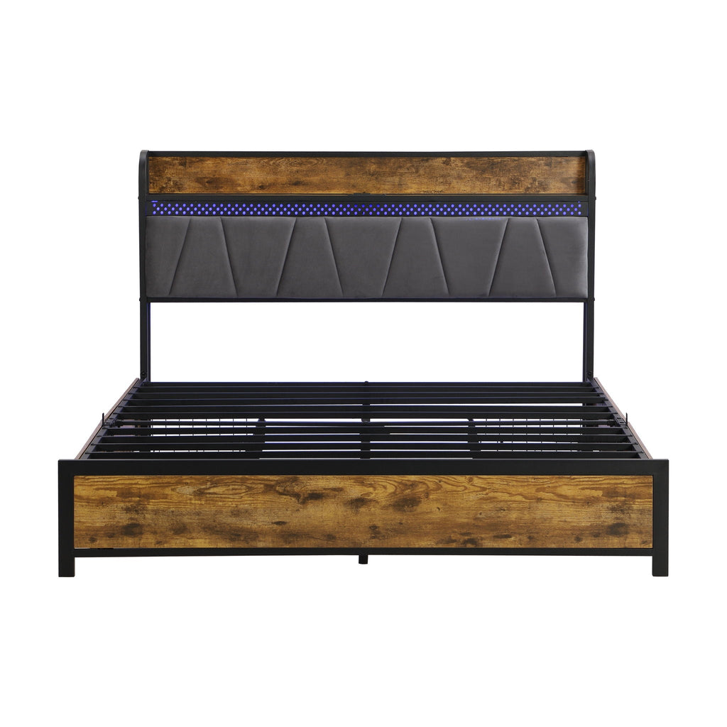 Contemporary Bed Frame With Storage Headboard, Charging Station, LED Lights