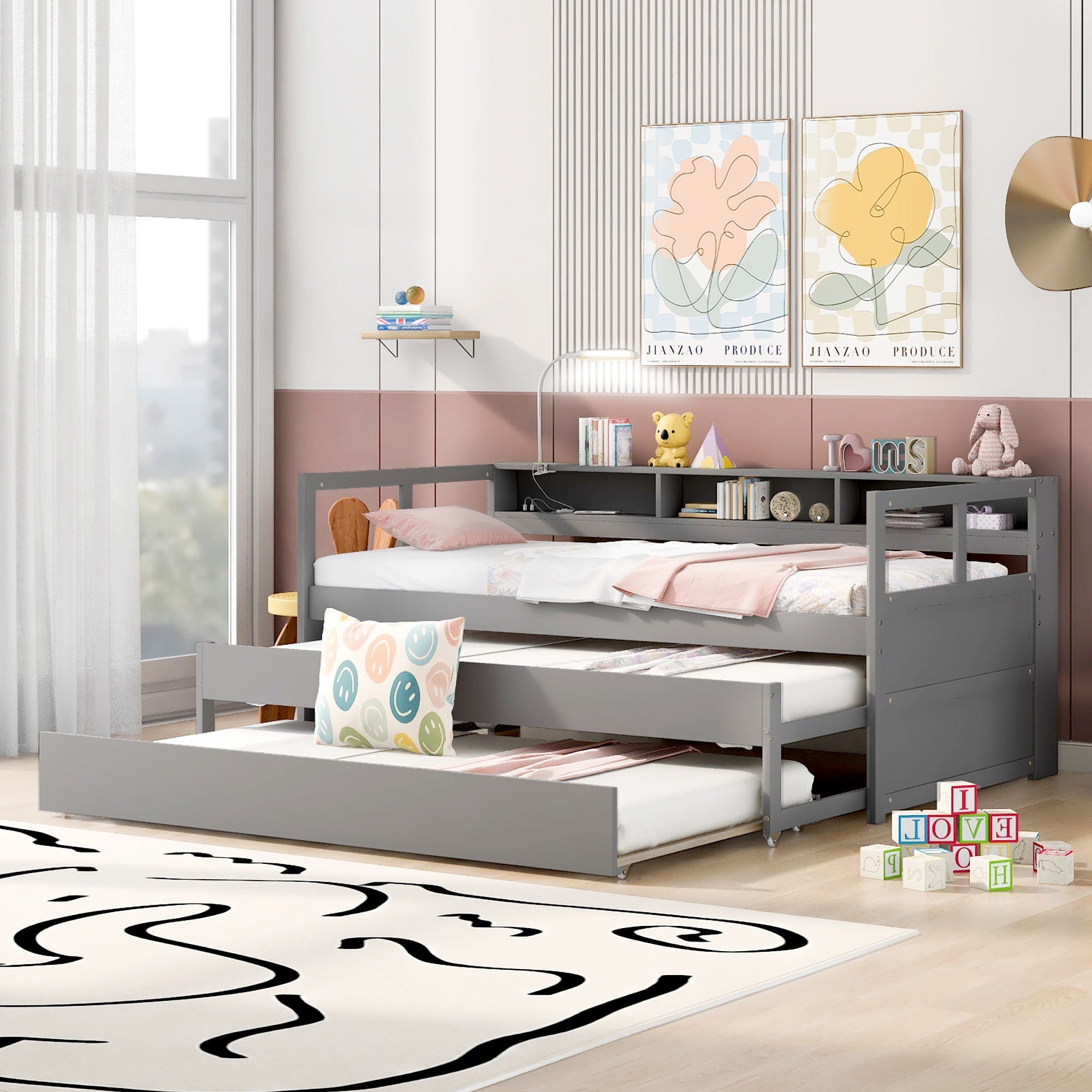 Daybed With 2 Trundles, 3 Storage Cubbies, Built In USB Charging Light