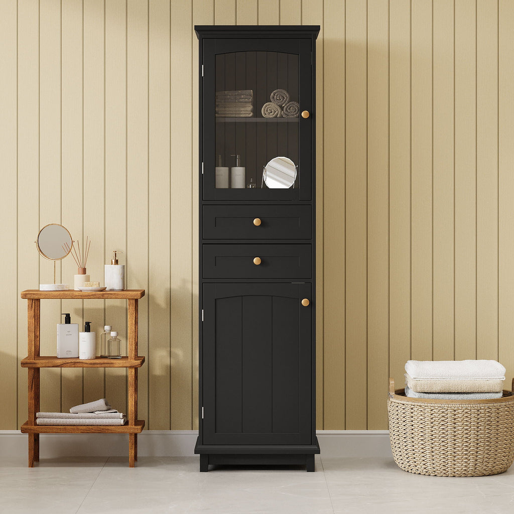 Tall Bathroom Storage Cabinet With Glass Doors, Free-Standing, Two Drawers, And Adjustable Shelves, Board, Painted Perfect For Displaying Your Favorite Items