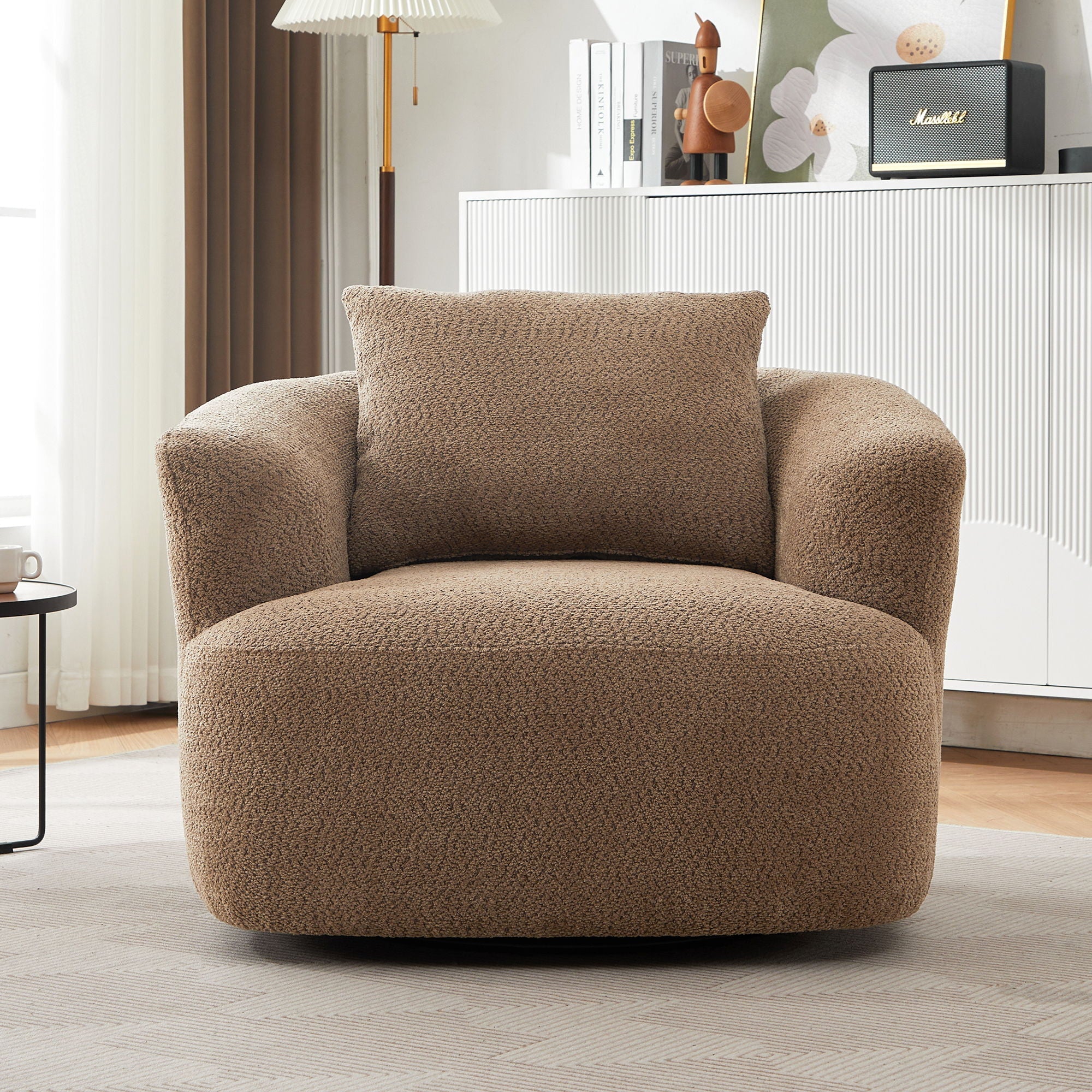 360° Swivel Barrel Sofa Chair With Throw Pillow, Upholstered Accent Chair