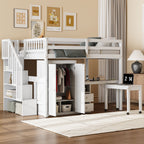 Loft Bed With Stairs, Bookshelf, Drawers, Desk & Wardrobe, Space Saving Multifunctional Furniture