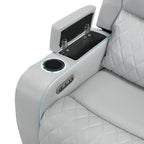 Elonzo - Power Motion Loveseat With Console, LED, Power Headrest & Speaker - Light Gray