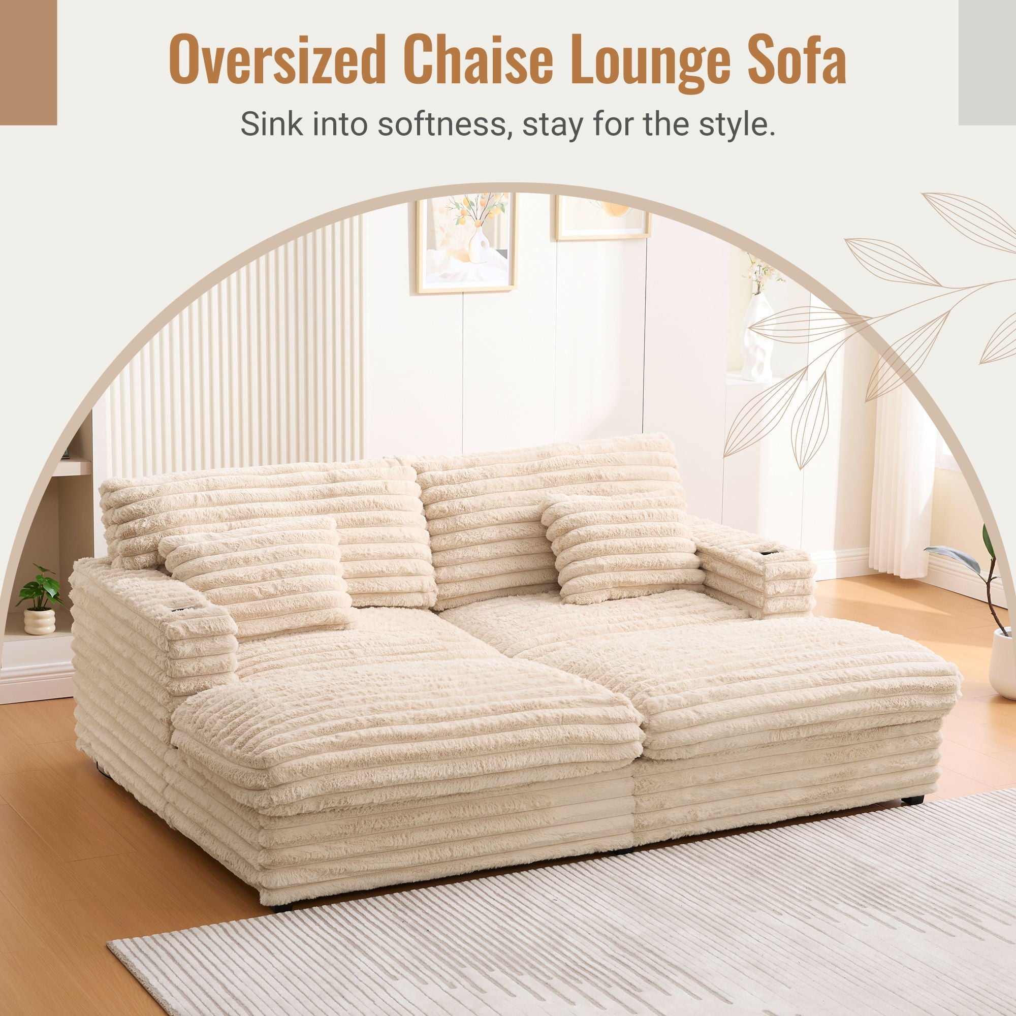 Oversized Double Chaise Lounge Sofa Bed With USB Ports And Cup Holders