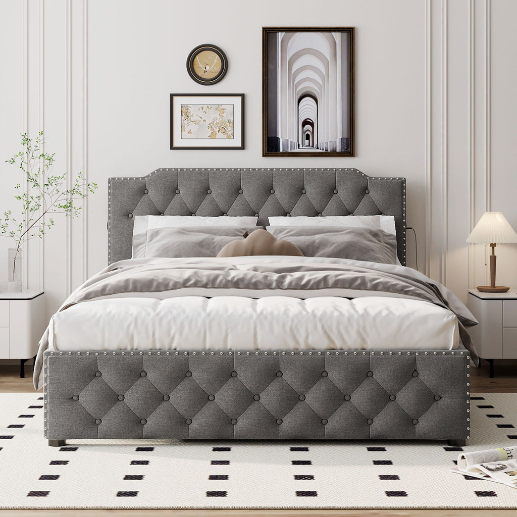 Upholstered Platform Bed With Trundle And 2 Sets Of USB Ports On Each Side, Fabric