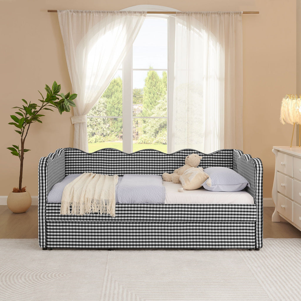 Gingham Daybed With USB Charging Port, Wave Shaped Design